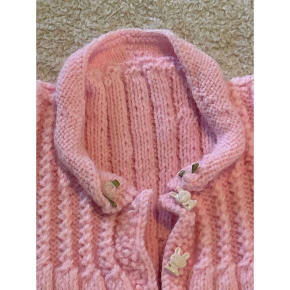 Vintage Cardigan Sweater Hand Knit Pink Cable Knit Bunny Buttons Easter - Picture 4 of 10
